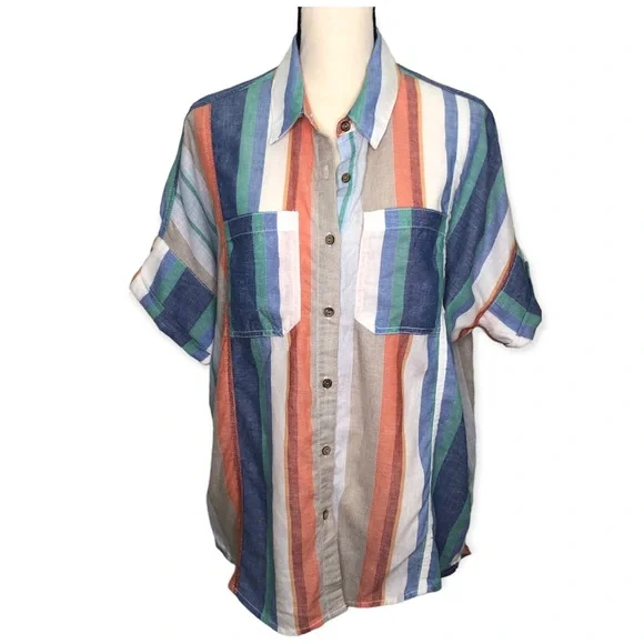 OAT New York Striped Short Sleeve Button Down Linen Blend - Picture 1 of 8